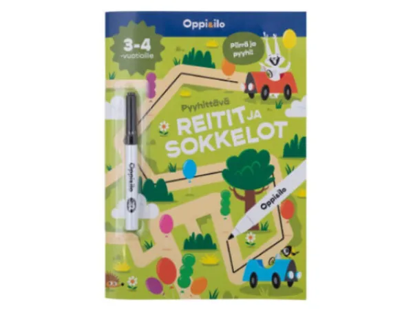Oppi&ilo Puuha- Ja Värityskirjat>Oppi&Ilo Pyyhittävä Reitit ja sokkelot -puuhakirja 3-4 v